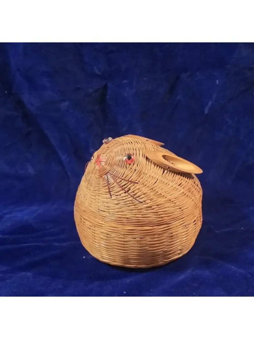 Vintage Woven Wicker Lidded Bunny Basket with Ceramic Liner 4.5